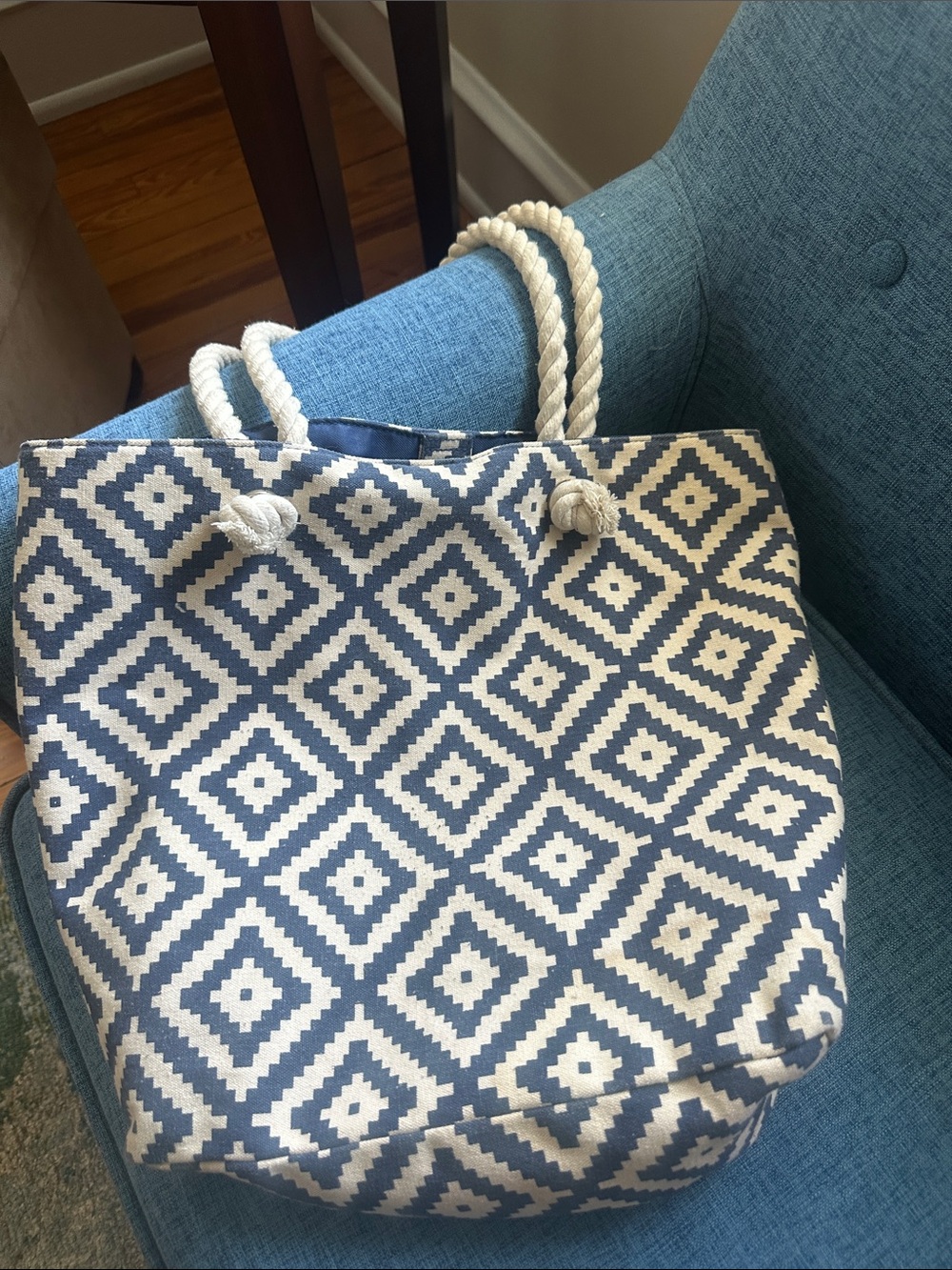 summer & rose Navy and White Geometric Rope-Handle Tote